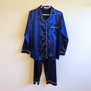 Vtg Navy Blue Satin PJ Set White Piping Pocket